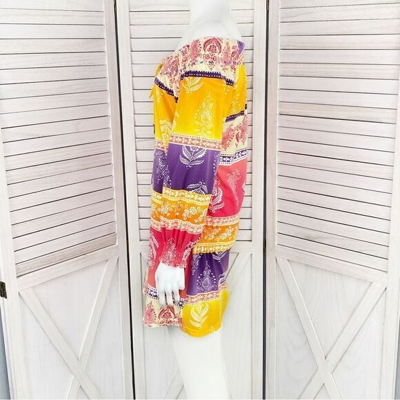 Joyous & Free Floral Damask Colorblock Tunic Dress Small Off Shoulder Smocked - Picture 3 of 13